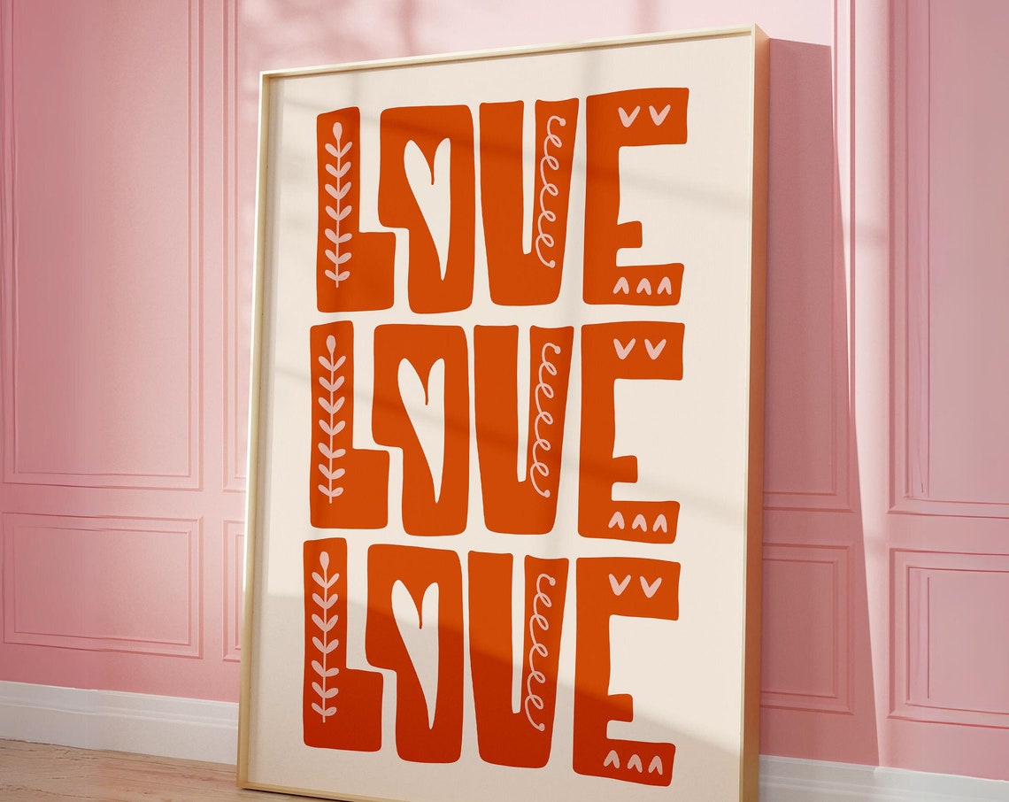 Love Repeated Orange Retro Typography Bold Statement Wall Poster