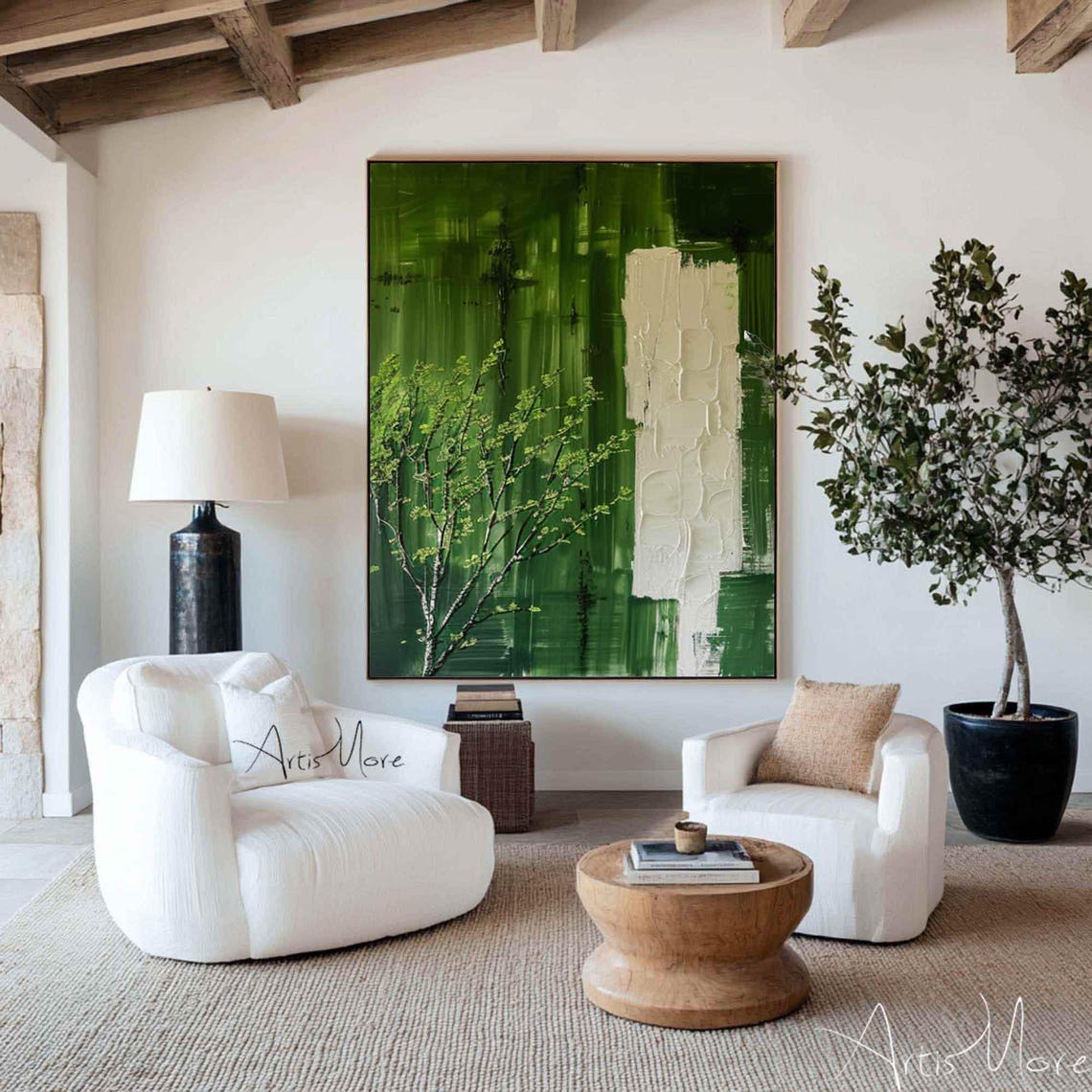 Emerald Green Abstract Tree White Texture Modern Botanical Poster - Image 2