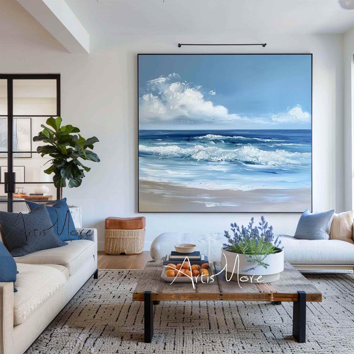 Ocean Wave Painting Blue Sky White Clouds Foamy Surf Beach Wall Art - Image 5