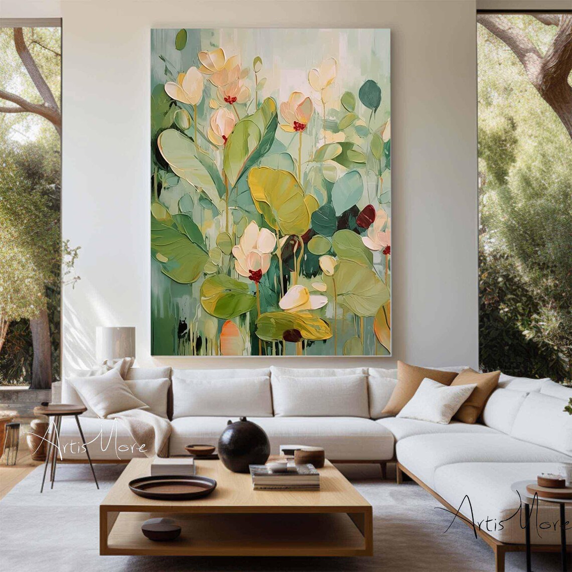 Green Floral Abstract Oil Painting, Garden Art Print - Image 4