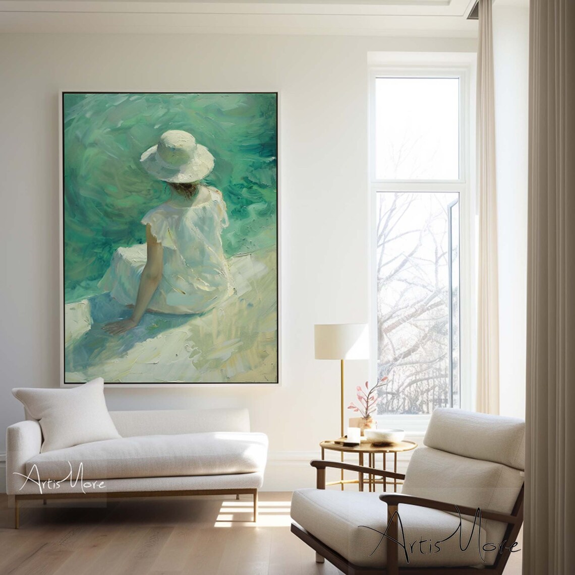 Woman White Hat Emerald Water Figure Painting Green Impressionist Wall Art - Image 4