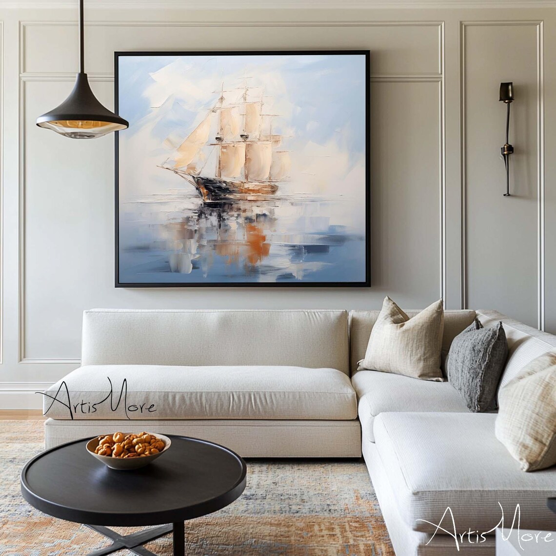 Vintage Tall Ship Full Sails Calm Blue Sea Nautical Canvas Poster - Image 5