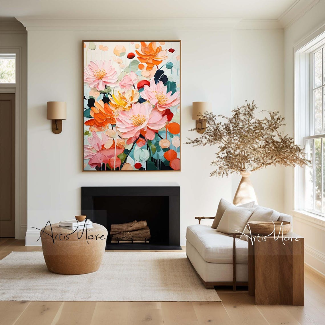 Pink Orange Floral Painting Abstract Blossom Texture Vertical Wall Art - Image 3