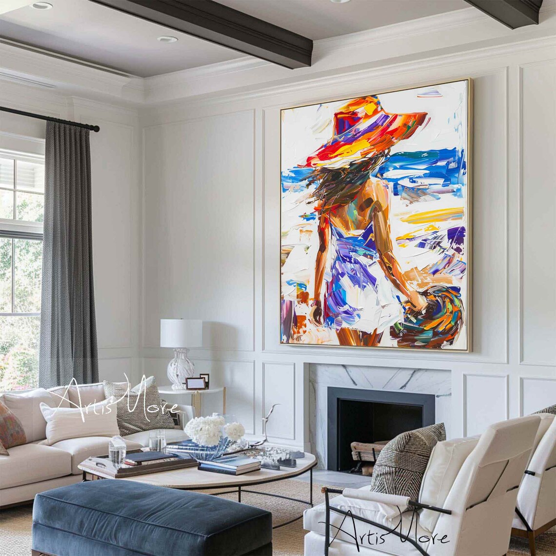 Colorful Woman in Hat Flowing Dress Abstract Figure Painting Joyful Wall Art - Image 2
