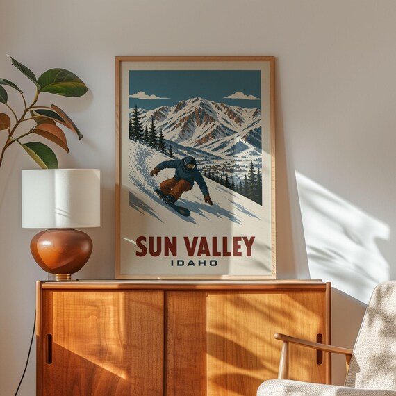 Sun Valley Idaho Snowboard Poster Vintage Retro Rider Mountain Lodge Gift Art