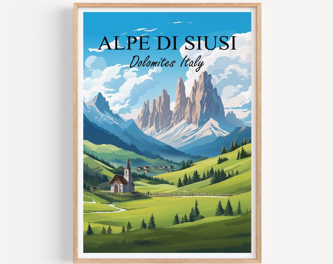 Alpe Di Siusi Dolomites Italy Alpine Meadow Church Mountain Poster