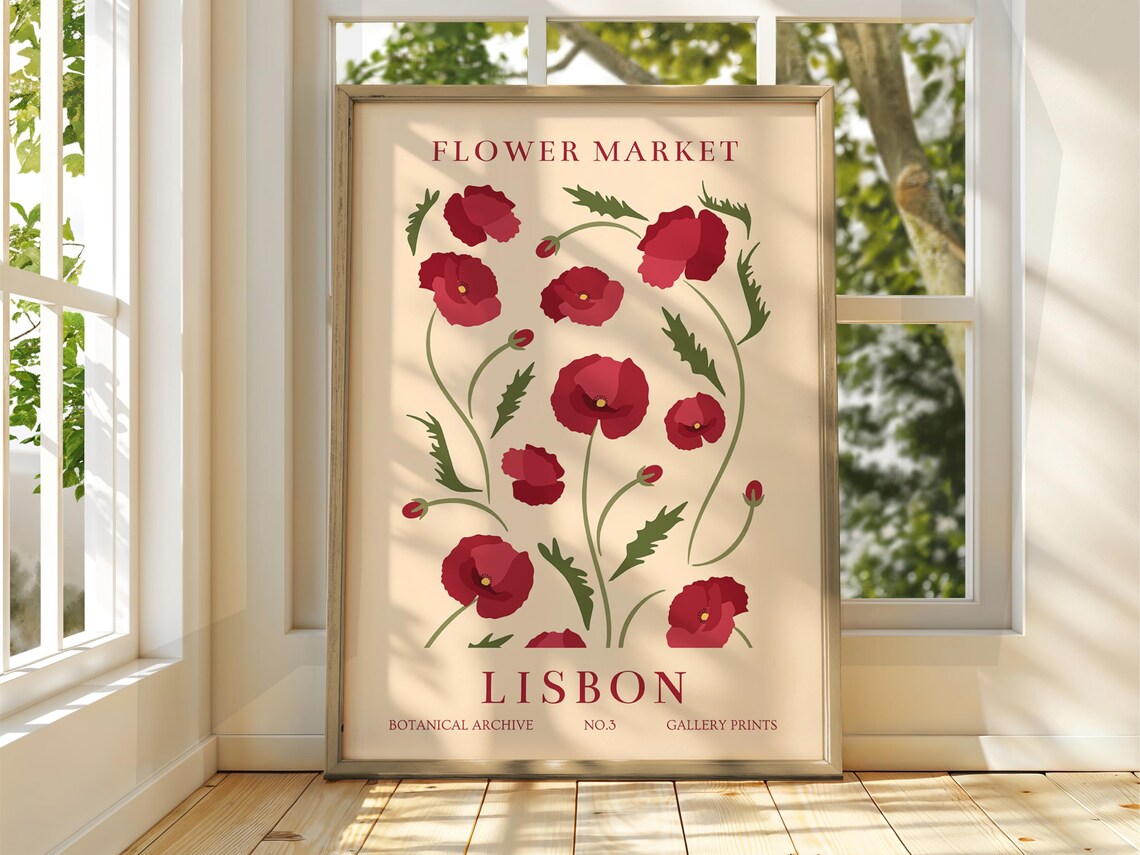 Lisbon Flower Market Red Poppy Botanical Illustration Art Poster