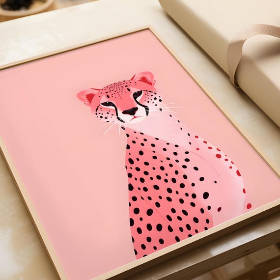 Pink Cheetah Poster Wall Art Animal Illustration Tiger Bright Home Decor Print
