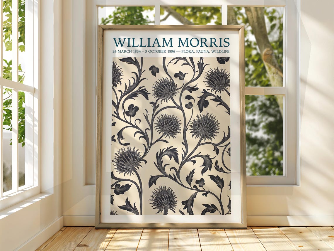 William Morris Style Floral Thistle Dark Botanical Art Poster