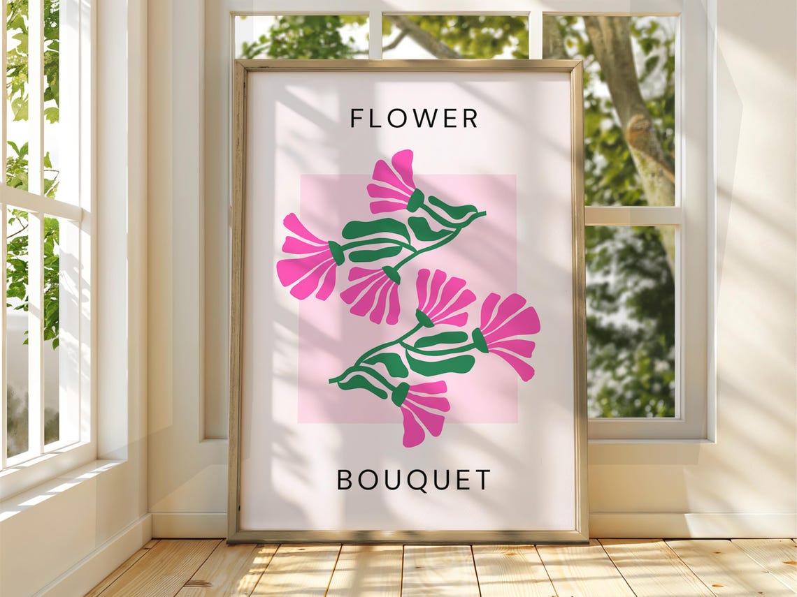 Flower Bouquet Minimalist Pink Poster with Modern Abstract Bloom Art