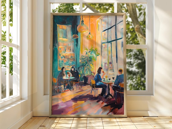 Cozy Coffee Shop Interior Impressionist Painting Poster Warm Cafe Art