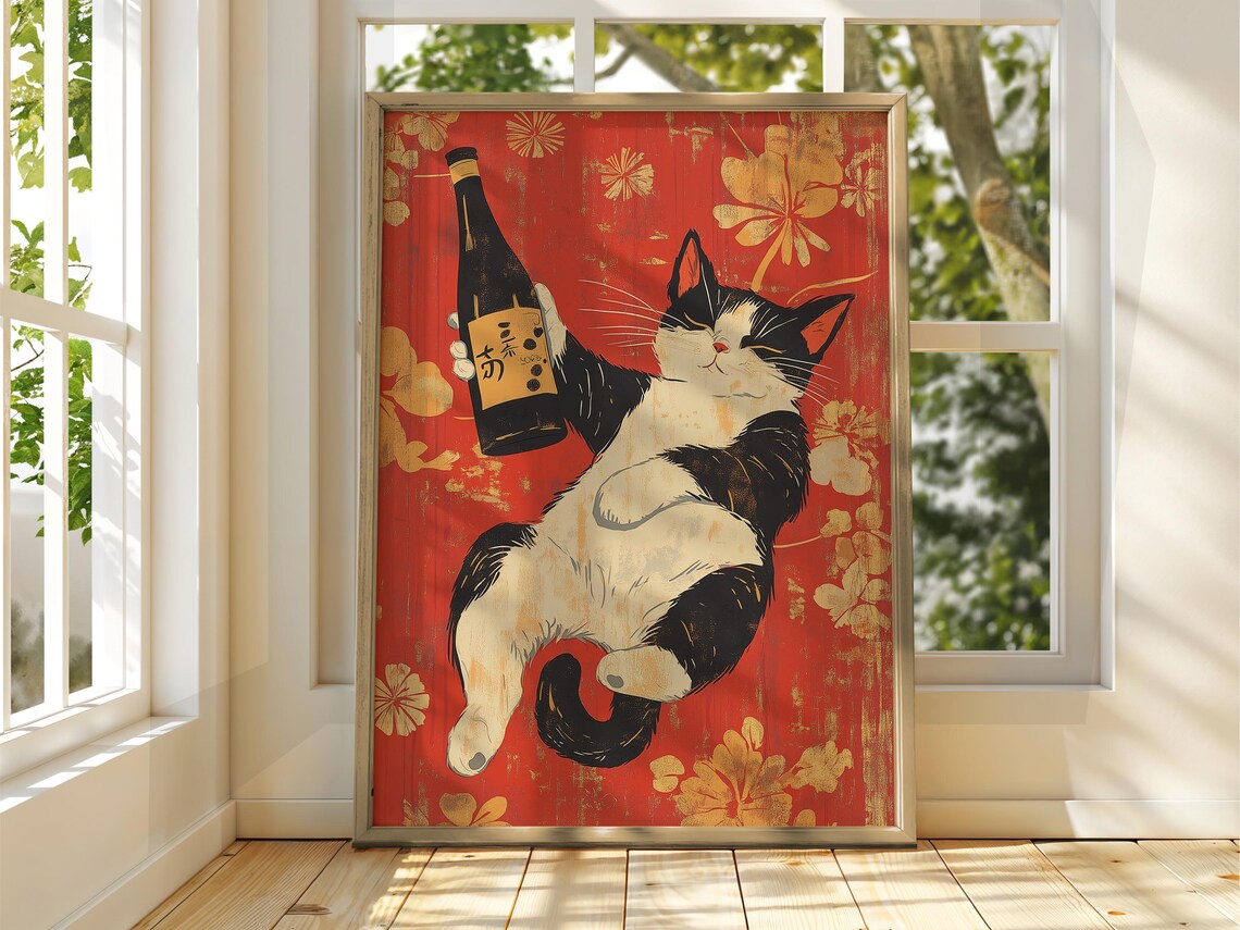 Cat With Soju Vintage Japanese Animal Art Print