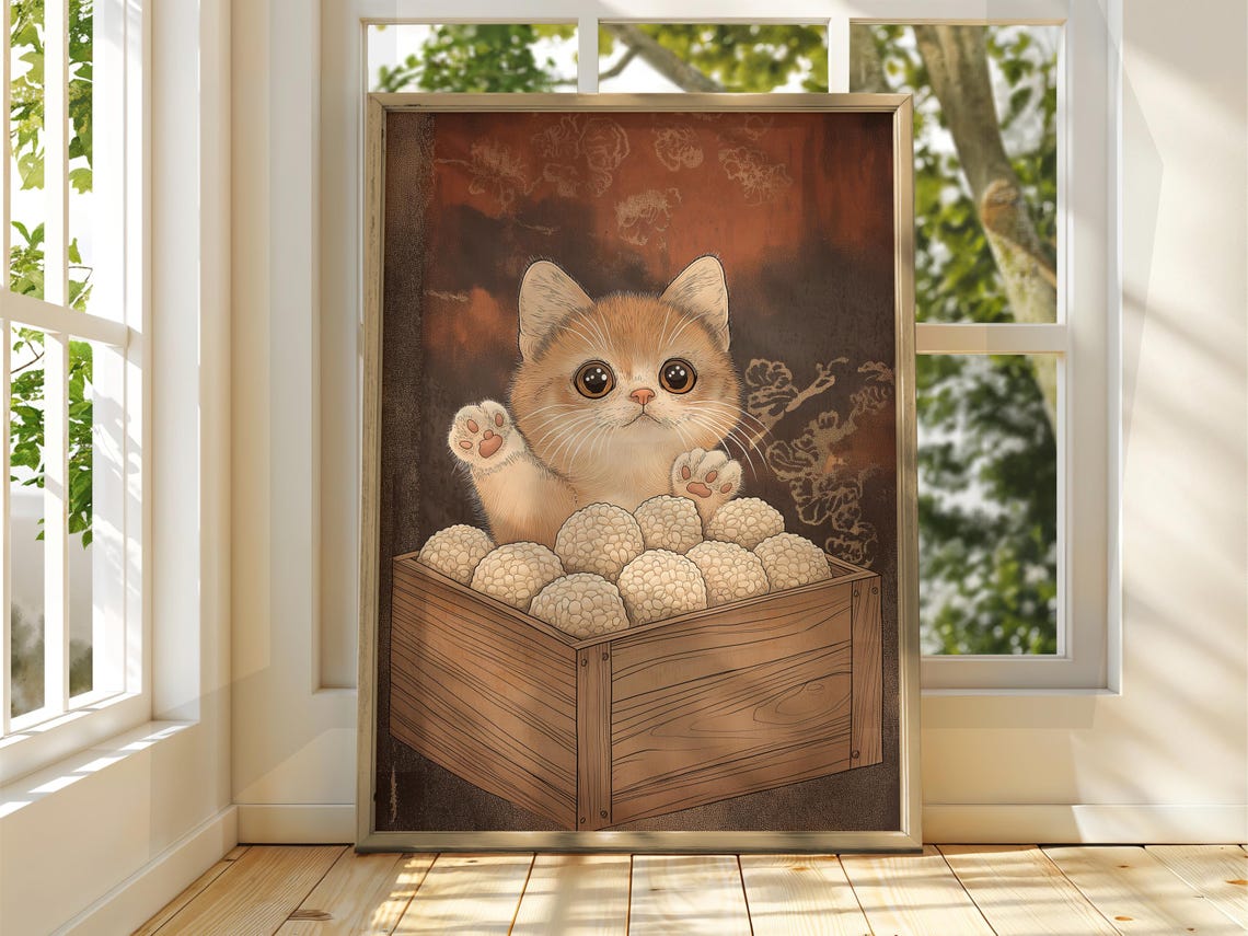 Cute Orange Kitten Rice Balls Box Kawaii Japanese Funny Art Print