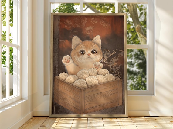 Cute Orange Kitten Rice Balls Box Kawaii Japanese Funny Art Print