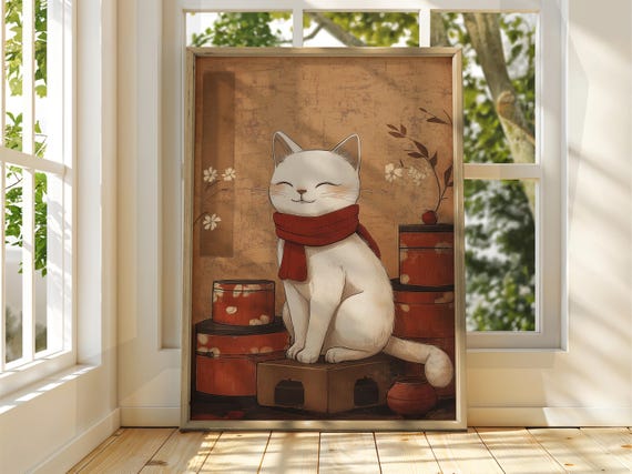 Happy White Cat Art Vintage Japanese Wall Animal Poster Funny Print Ramen