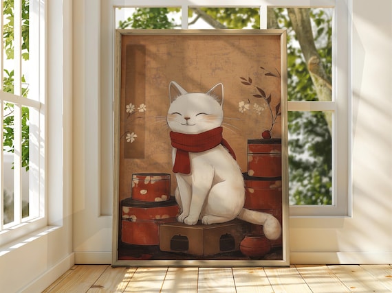 Smiling White Cat Red Scarf Cute Cozy Vintage Japanese Art Print