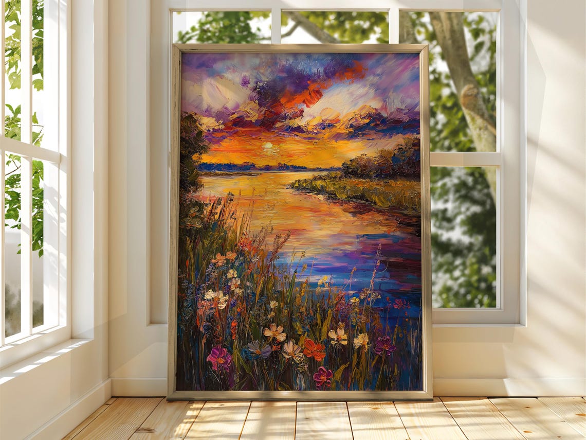 Colorful Sunset Over Lake Oil Painting Style With Wildflowers Poster