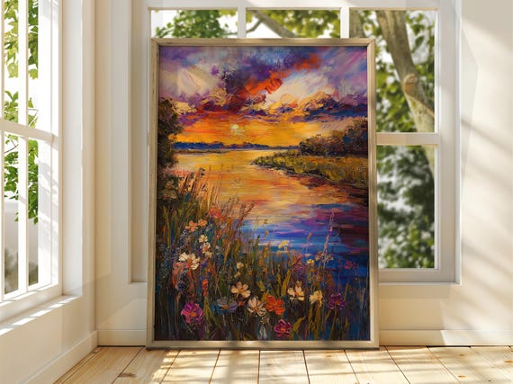 Colourful Sunset Over Lake Poster Oil Painting Art Print Dreamy Warm Summer Landscape Wall Nature Bright Home Decor