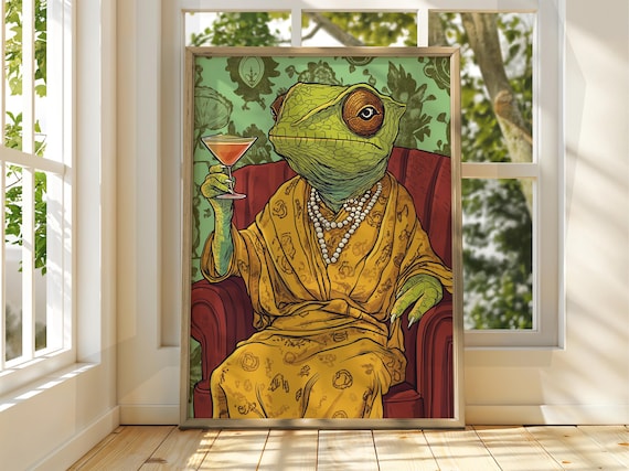 Fancy Lady Chameleon Drinking Cocktail Funny Reptile Portrait Poster