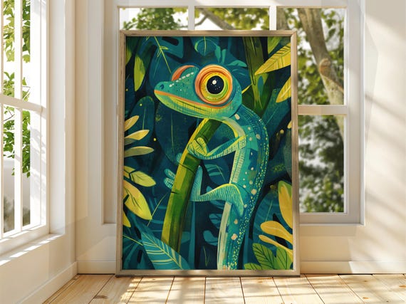 Tropical Chameleon Poster Reptile Wall Art Animal Illustration Floral Bright Home Decor Gecko