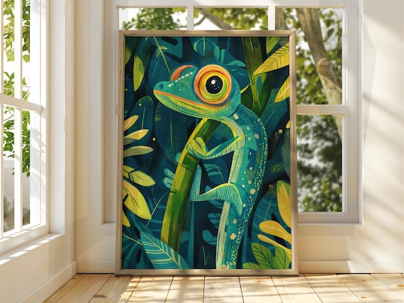 Tropical Gecko Lizard Botanical Illustration Poster Vibrant Jungle Art