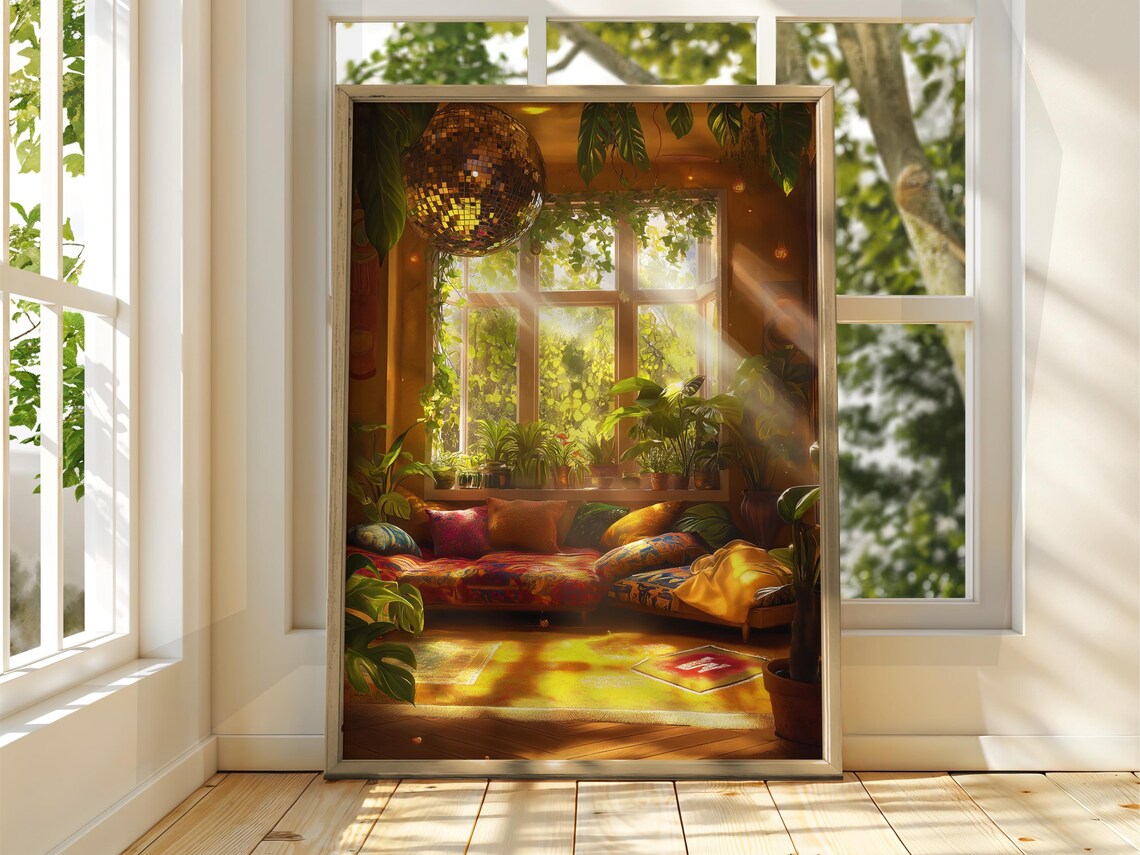Cozy Retro Reading Nook Gold Disco Ball Houseplant Warm Room Poster