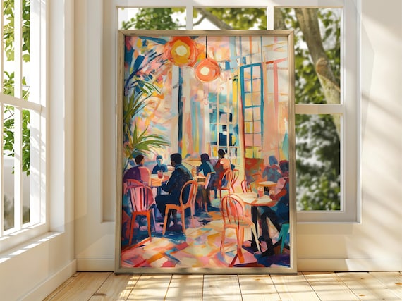 Colorful Fauvist Cafe Scene Friends Tables Expressionist Art Poster