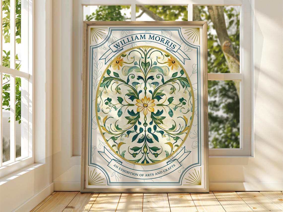 William Morris Style Golden Floral Vine Symmetry Exhibition Poster