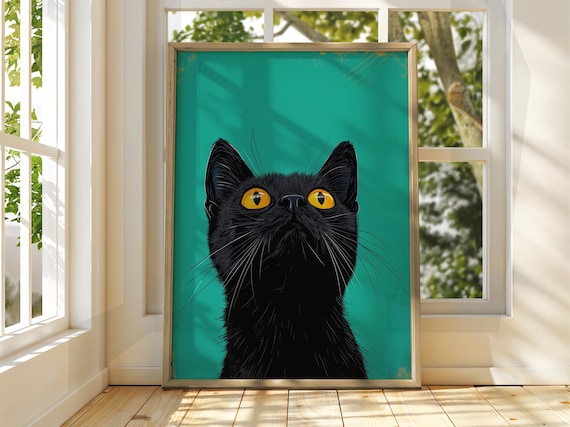 Black Cat Portrait Teal Background Yellow Eyes Cute Feline Poster