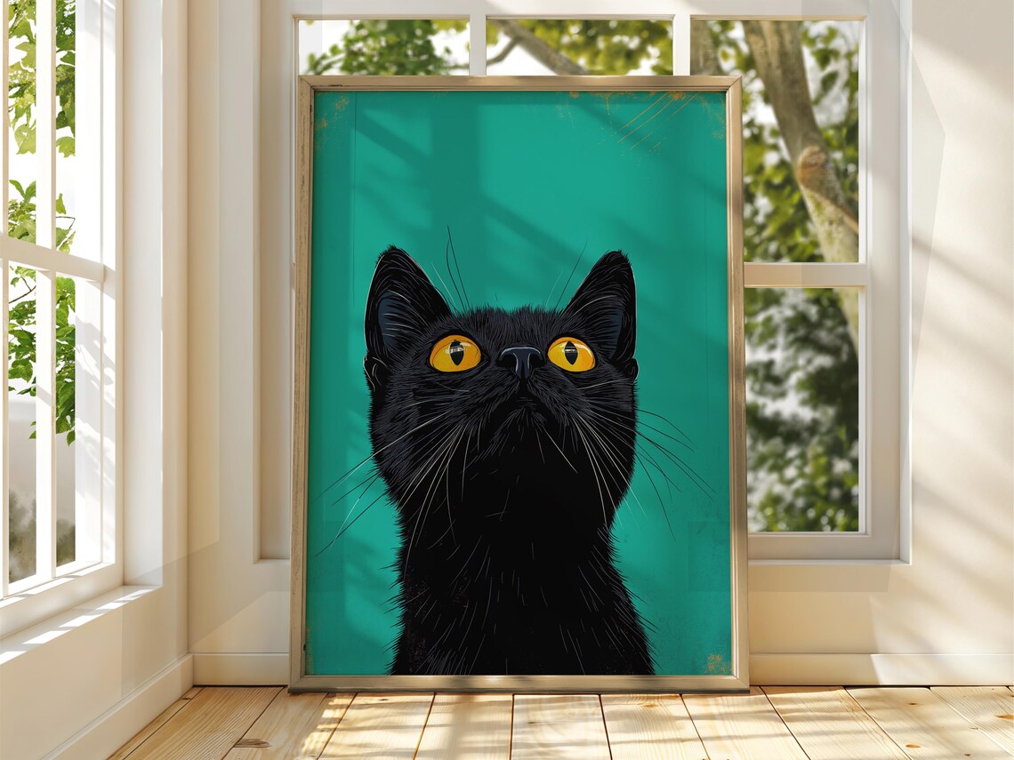 Black Cat Portrait Teal Background Yellow Eyes Cute Feline Poster