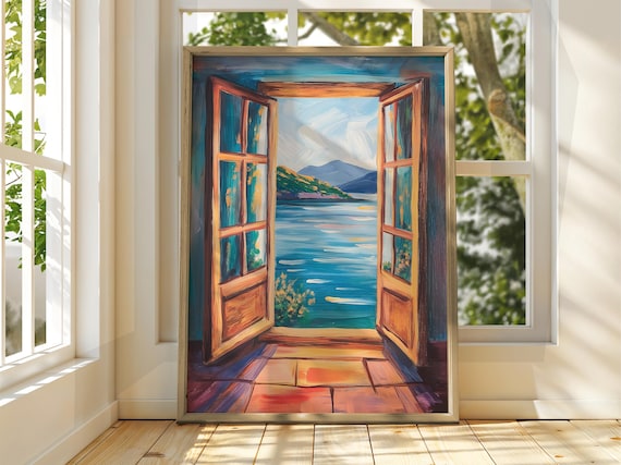 Open French Doors Lakeside Mountain View Oil Painting Wall Poster