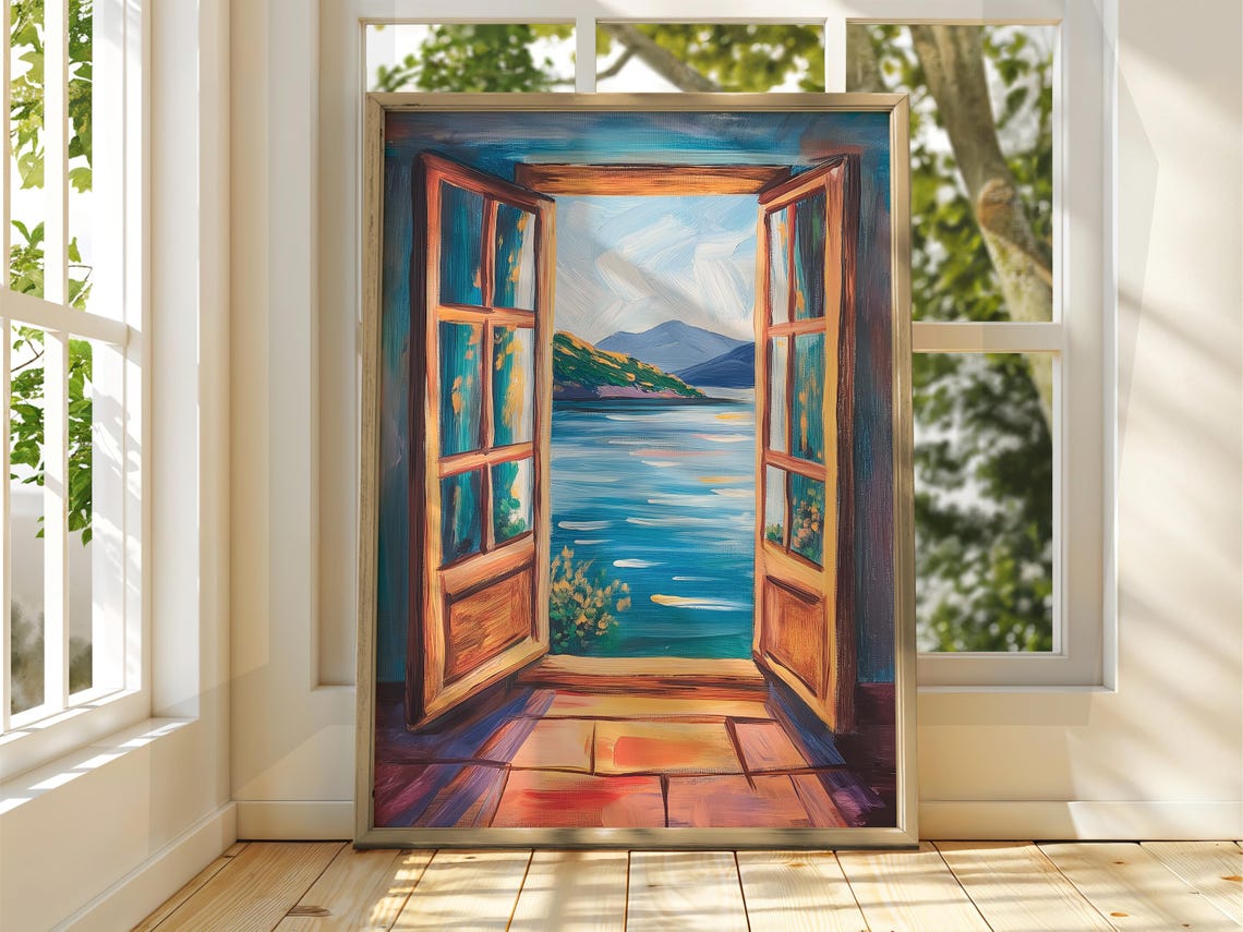 Open French Doors Lakeside Mountain View Oil Painting Wall Poster