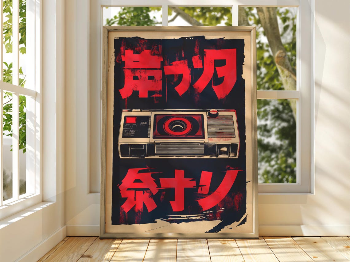 Japanese Vintage Cassette Radio Player Red Kanji Retro Ad Poster