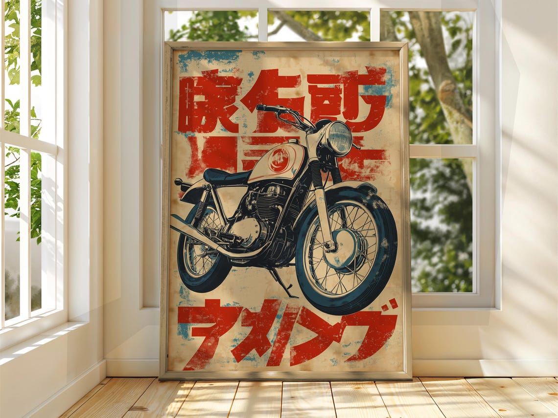 Japanese Vintage Motorbike Red Kanji Classic Motorcycle Ad Poster