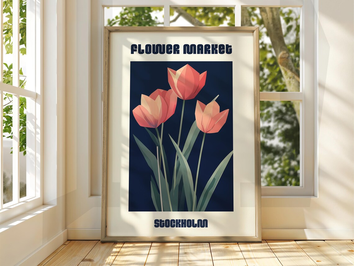 Flower Market Stockholm Pink Tulips Navy Botanical Art Print
