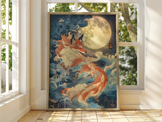 Fox Japanese Art Ukiyo-e Poster, Vintage Moon
