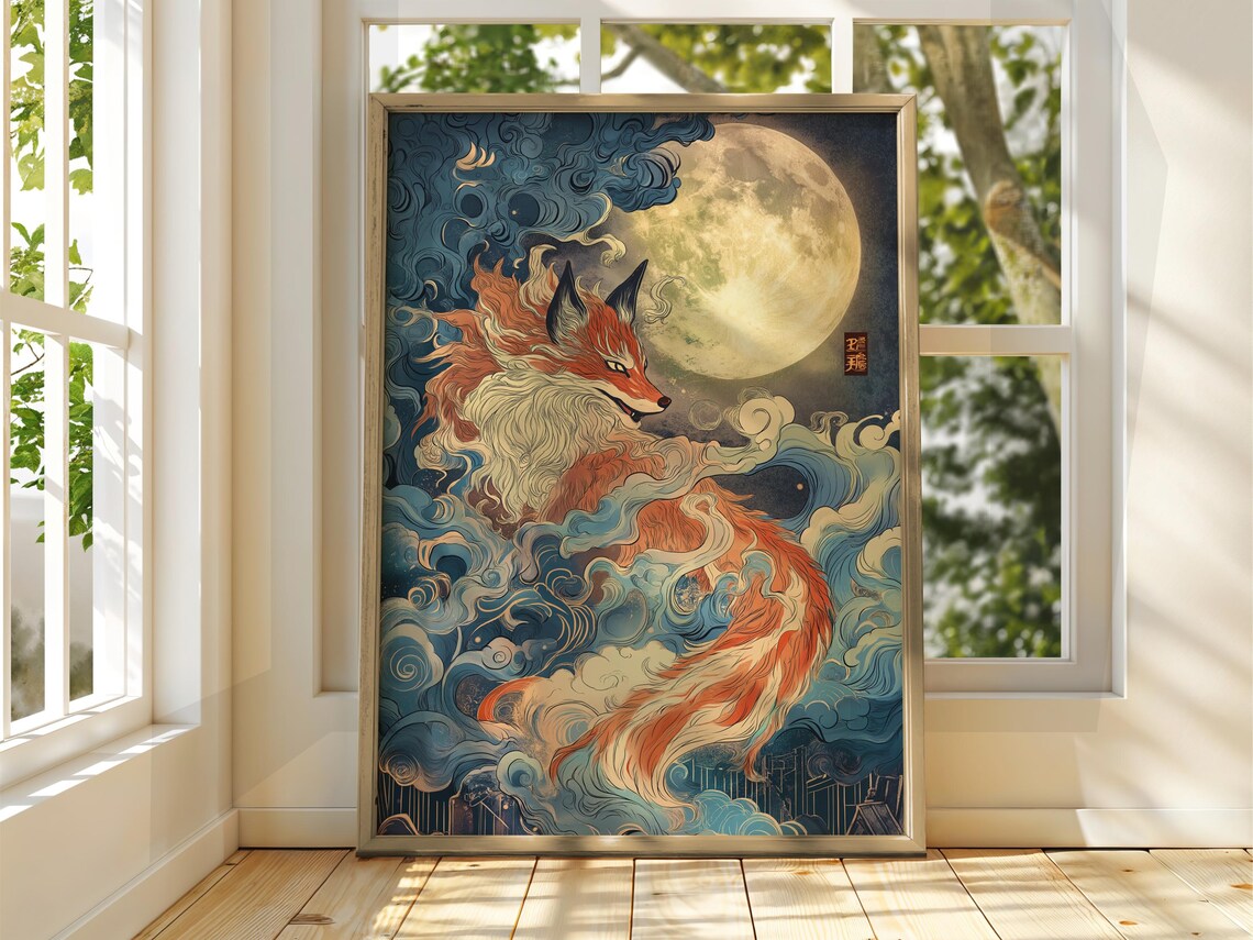 Fox Japanese Art Ukiyo-e Poster, Vintage Moon
