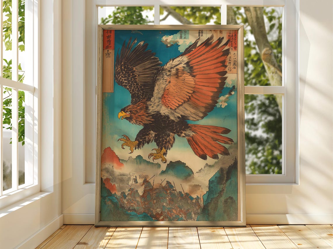 Japanese Eagle Swooping Battle Scene Red Wings Ukiyo-E Art Poster