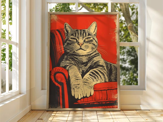 Cat On Red Chair Poster Wall Art Illustration Fun Animal Feline Decor Kitten Black Pet