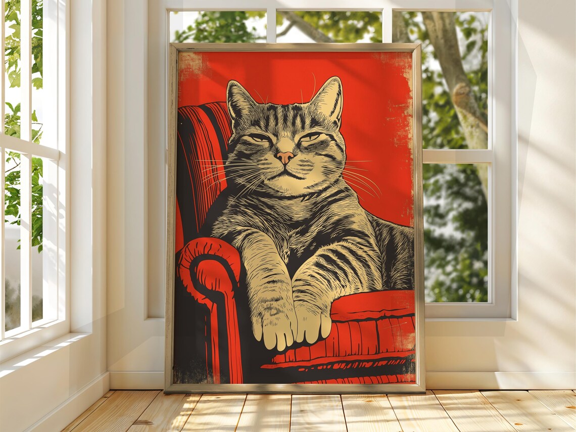 Tabby Cat Lounging on Red Chair Vintage Engraving Style Poster