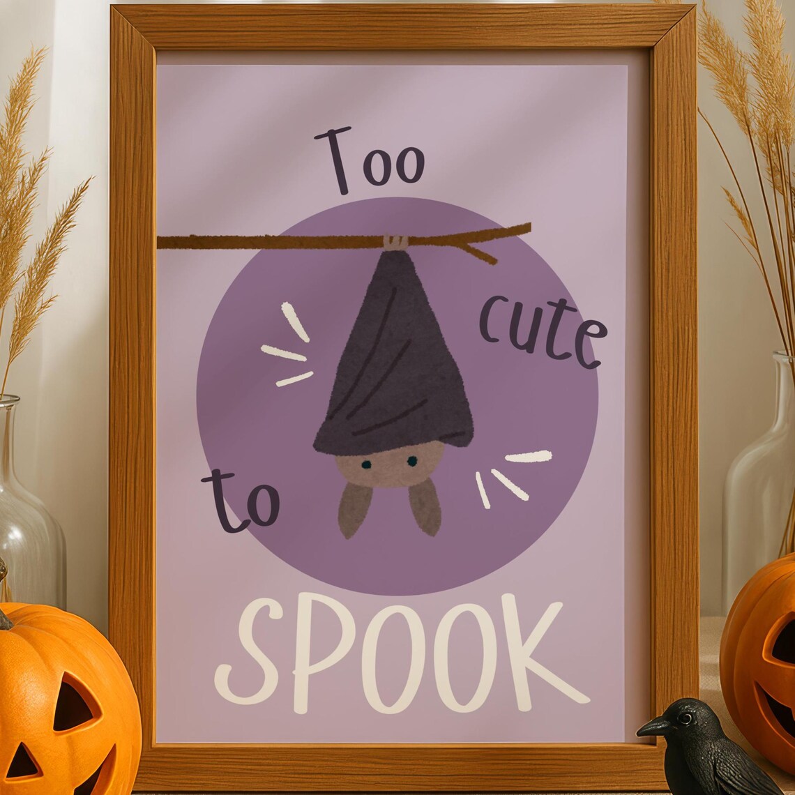 Too Cute To Spook Lavender Hanging Bat Nursery Halloween Poster