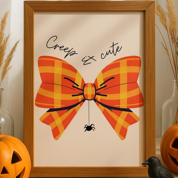 Creep It Cute Bow Spider Print Halloween 2025 Nursery Wall Art Orange Autumnal Baby Room Spooky Season Shower Gift For Her