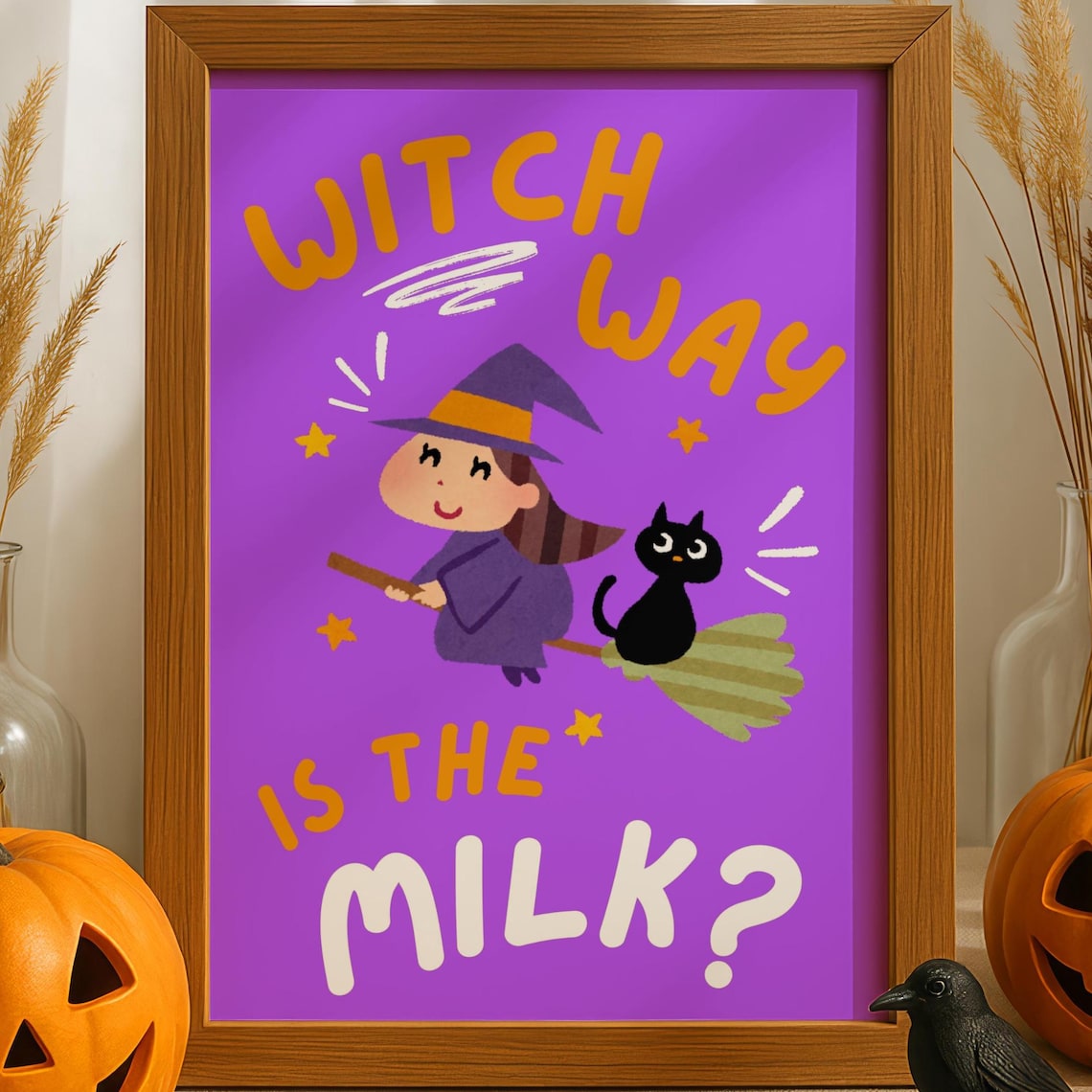 Witch Way Is The Milk Cute Witch Cat Purple Halloween Poster