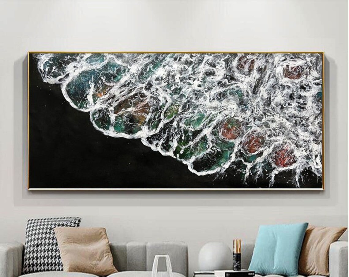 Ocean Foam Waves Swirling On Dark Background Aerial View Art Poster