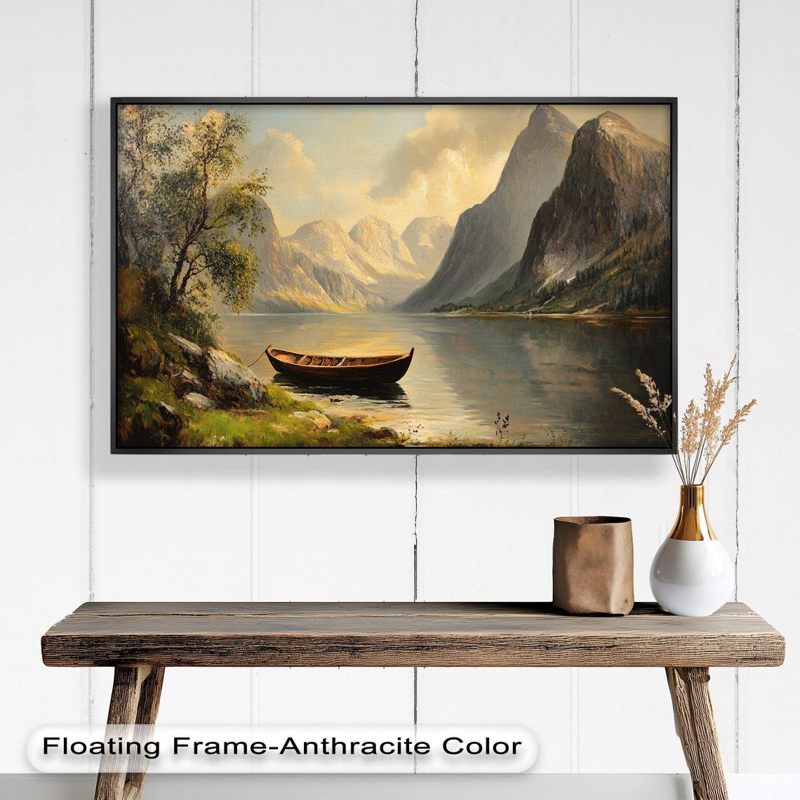 Golden Lake Boat Landscape, Rustic Mountain Scene - Image 4