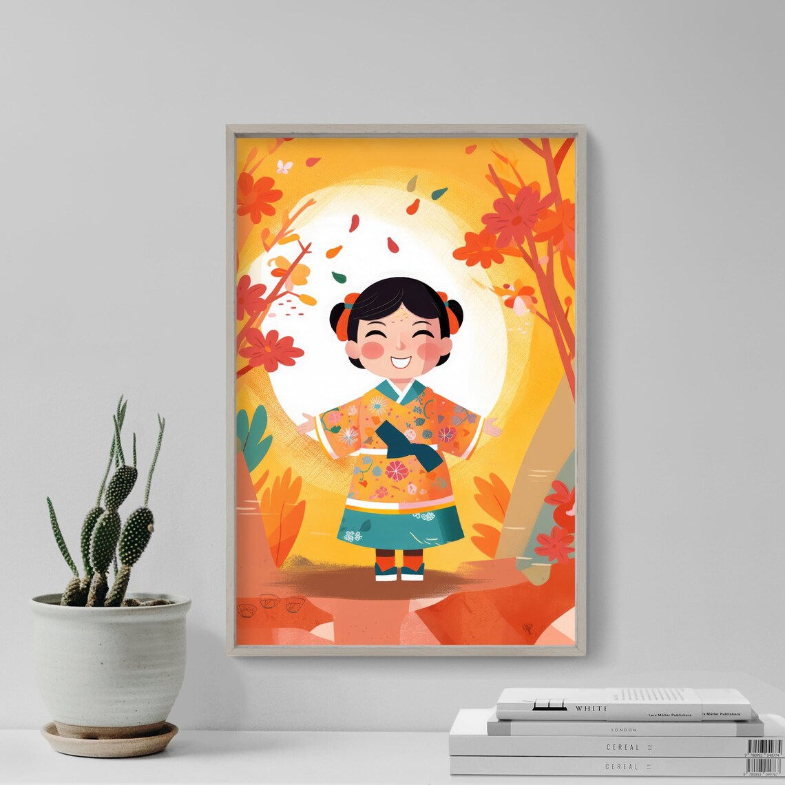 Happy Girl in Hanbok Korean Dress Autumn Trees Kids Room Art Print