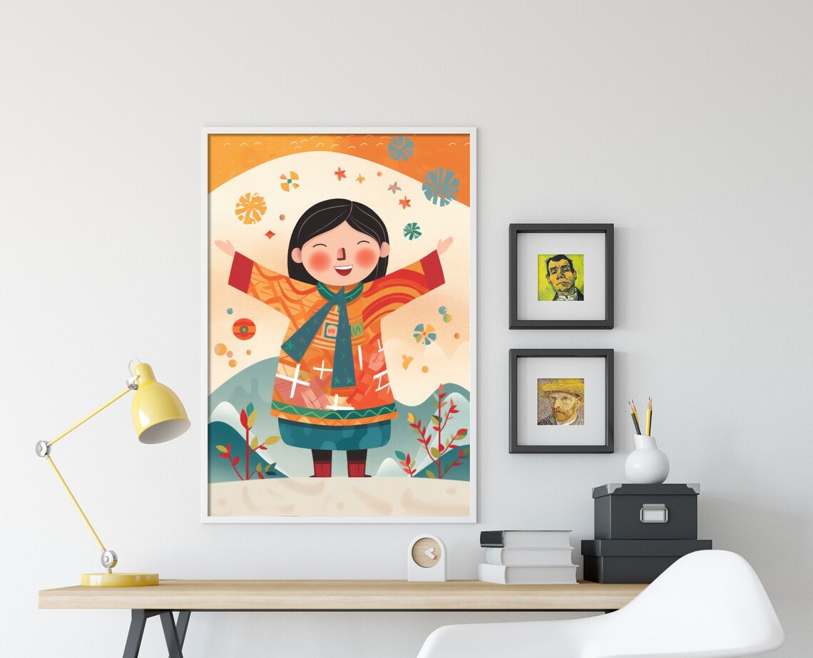 Joyful Girl in Folk Winter Costume Arms Raised Cheerful Kids Print - Image 4