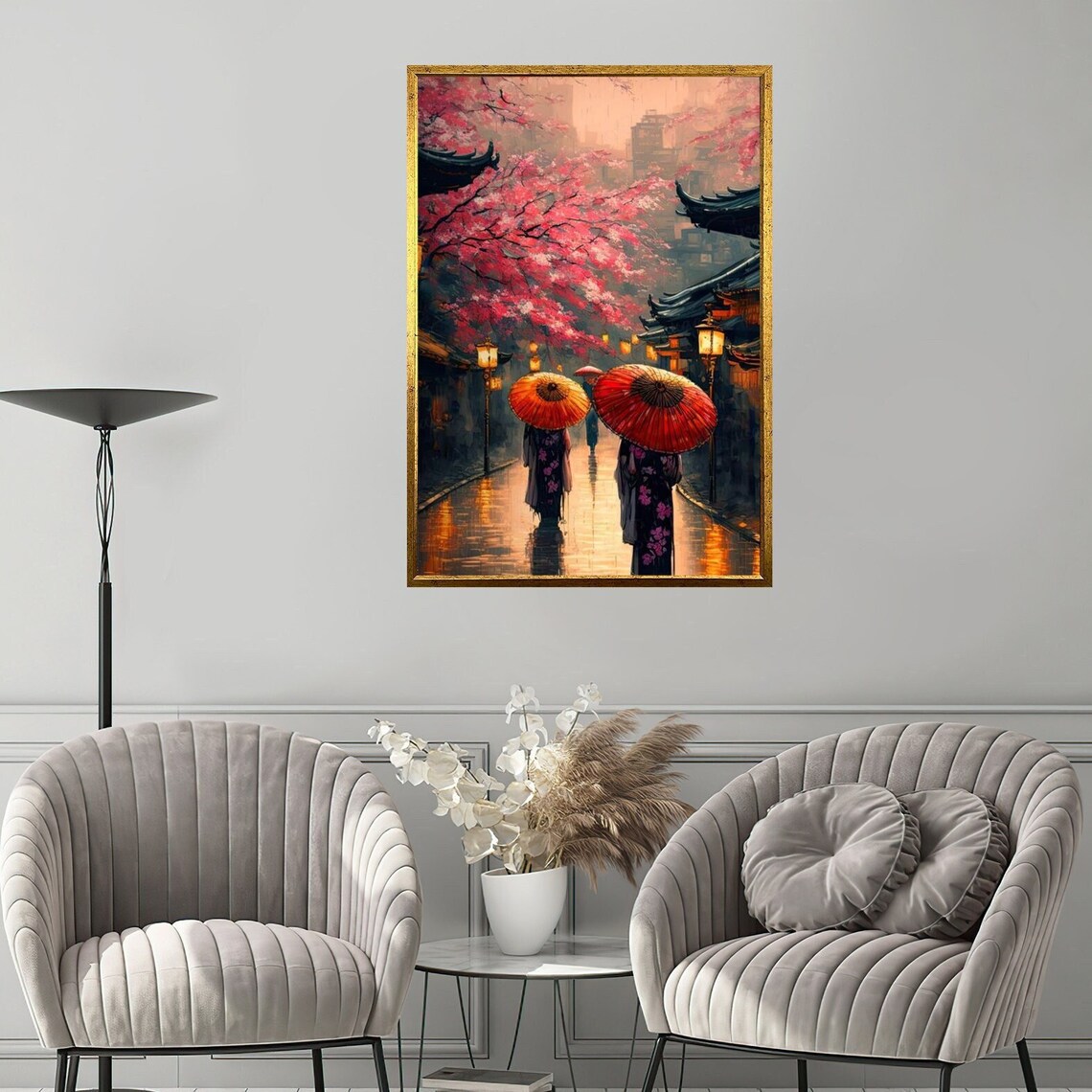 Japan Cherry Blossom Rainy Street Red Umbrellas Pagoda Lantern Art Poster