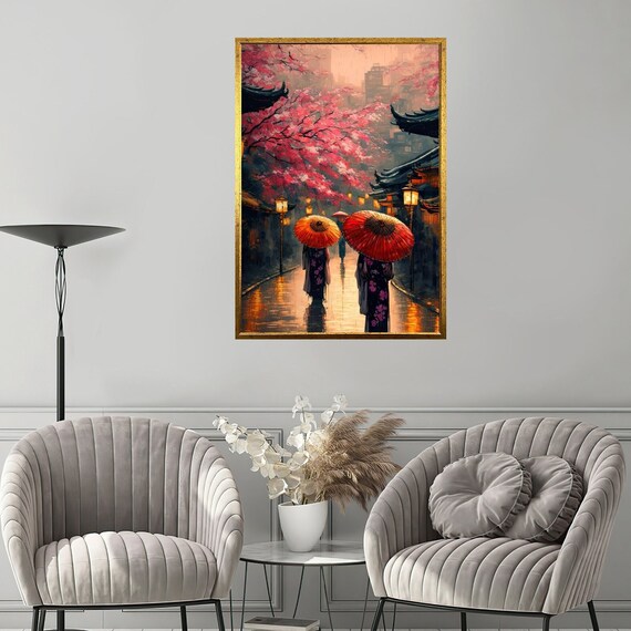 Japan Cherry Blossom Rainy Street Red Umbrellas Pagoda Lantern Art Poster