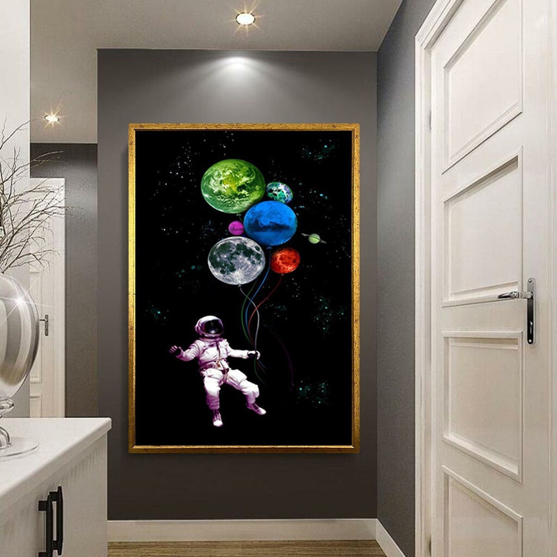 Astronaut Holding Planet Balloons In Outer Space Fun Wall Art Poster